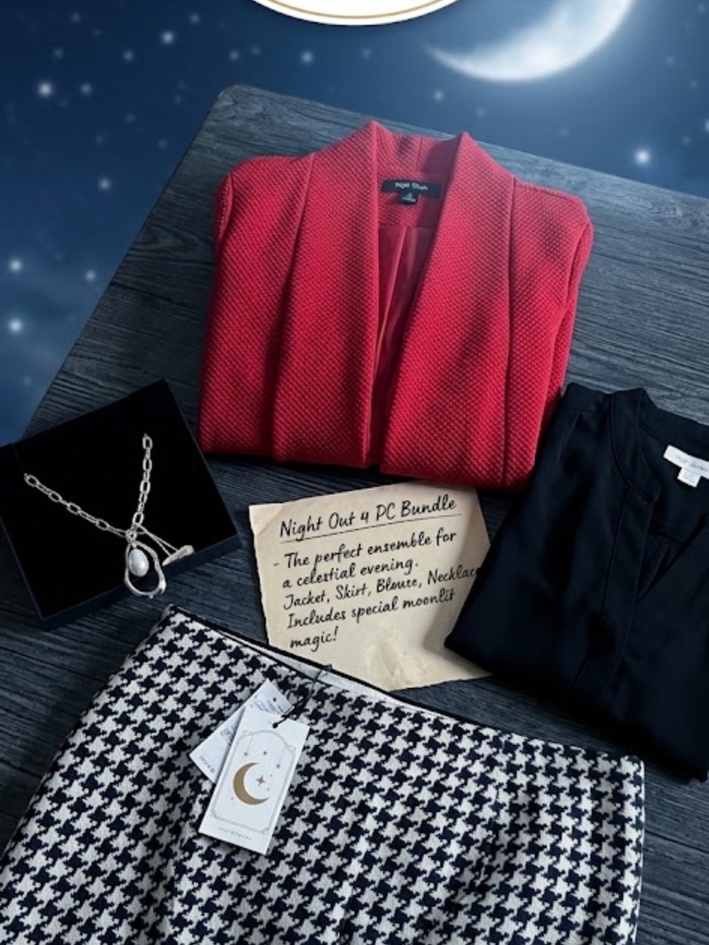 Night out bundle whbm skirt nwt red jacket nwt necklace bl top 4pc bundle